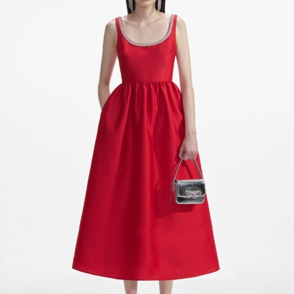 Self-Portrait Dresses & Skirts - Self-Portrait Red Taffeta Diamante Midi Dress - Size UK 14/ US 10